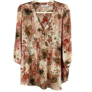 Rose + Olive Peach and Cream Floral Relaxed Tunic with 3/4 Sleeves Size 1X